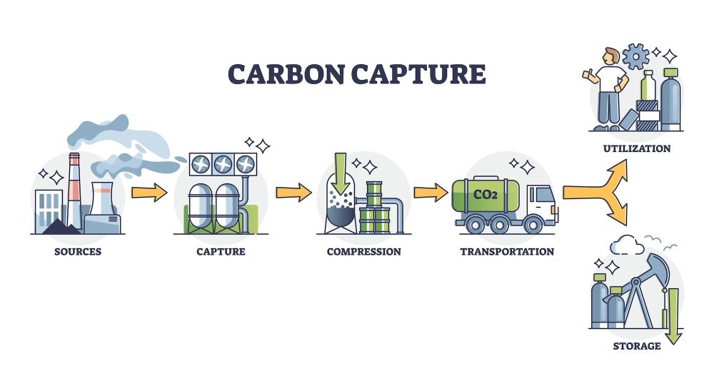 An infographic detailing the step-by-step process of carbon capture, compression, transportation, and eventual utilization or storage.