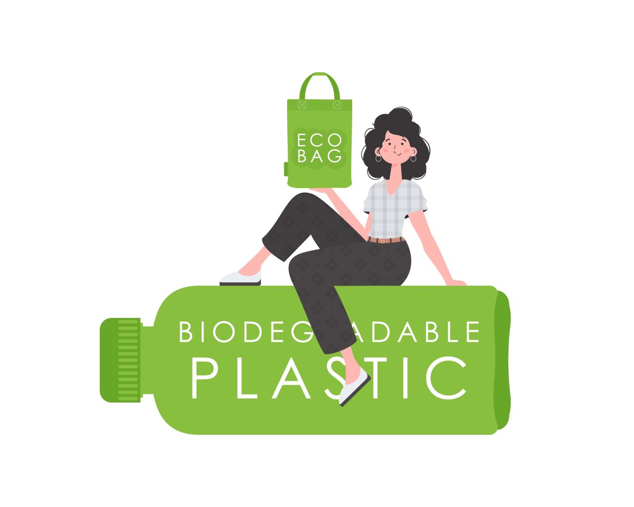 A woman sits on a bottle made of biodegradable plastic and holds an ECO BAG in her hands