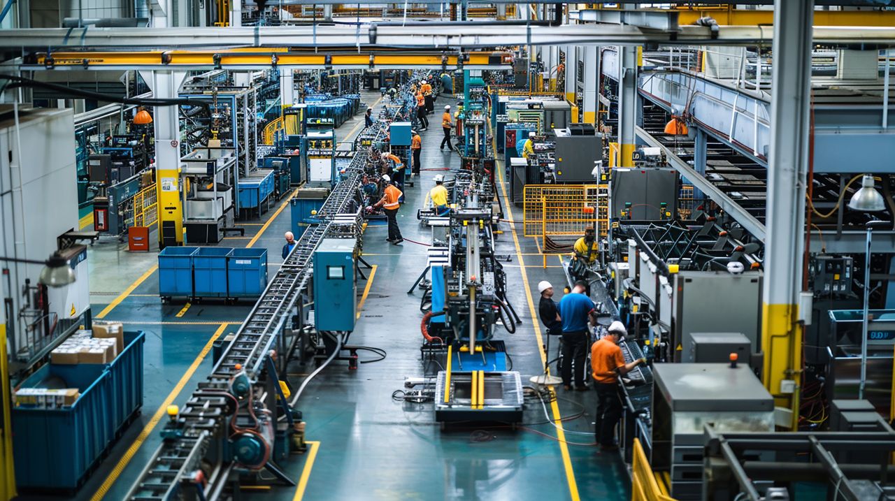 Factory Floor with Workers Operating Machinery