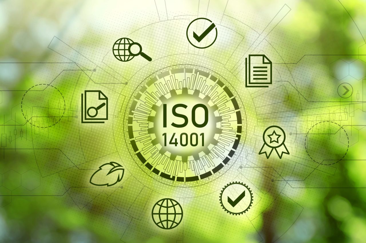 International Organization for Standardization ISO 14001 Different virtual icons on blurred green background