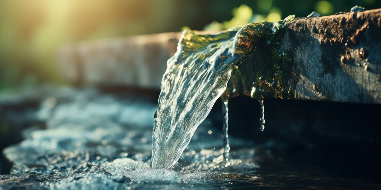 Rustic faucet pours a clear stream contrasting with weathered green textures