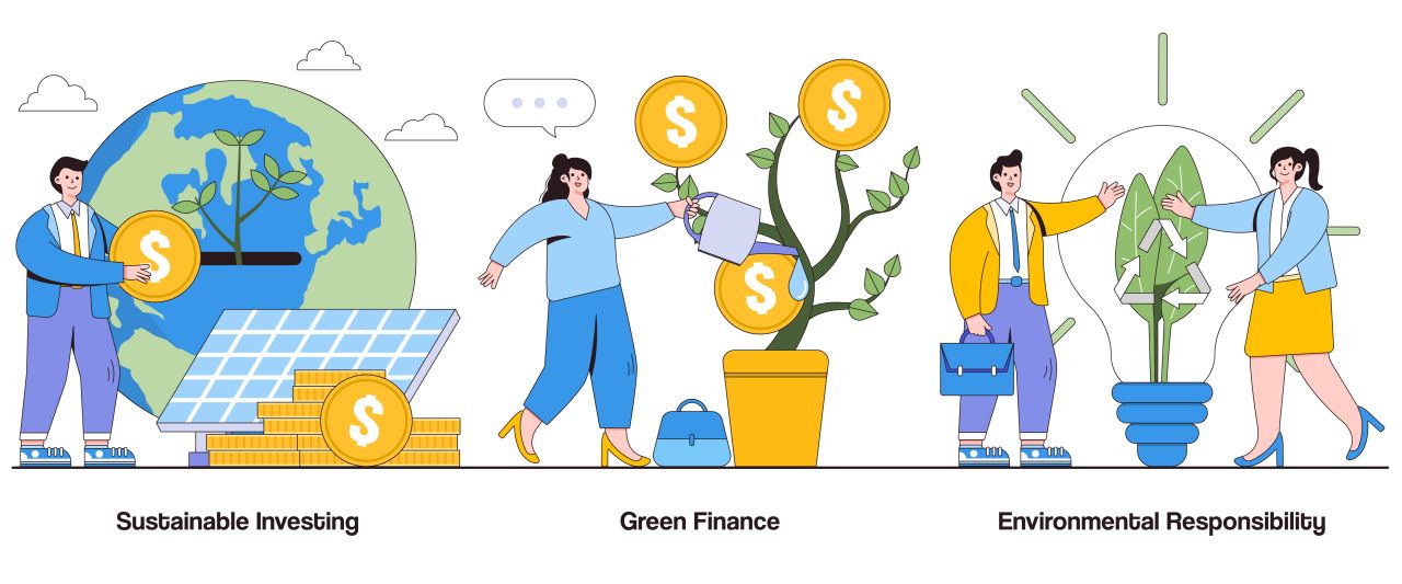 Sustainable investing green finance environmental responsibility concept with character